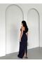 Navy Blue Pearl Embroidered Yı Slit Strapless Pencil Evening Dress - 6