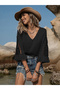 Women's Solid V Neck Flare Sleeve with Embroidery Detail Top