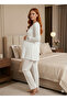 Women's Ecru Piped Quilted Jacquard Winter Cotton Maternity Nightgown-Dressing Gown Set of 2 - 7
