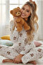 ecru teddy bear floral print Soft-Touch Winter Corded Fabric Cotton Knit Pajama Set 7977