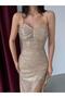 Beige Thin Strap Y Slit Sequin Evening Dress - 4
