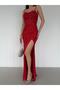 Red Thin Strap Y Slit Sequin Evening Dress - 3