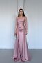 Powder Pink Sequin Embellished Cape Evening Dress
