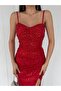 Red Thin Strap Y Slit Sequin Evening Dress - 4