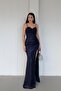 Navy Blue Thin Strap Y Slit Sequin Evening Dress