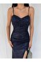 Navy Blue Thin Strap Y Slit Sequin Evening Dress - 4