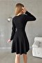 Women's Black Double-Breasted Collar Crepe Fabric Long Sleeve Mini Flared Dress 4F-2361 - 4