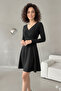 Women's Black Double-Breasted Collar Crepe Fabric Long Sleeve Mini Flared Dress 4F-2361 - 3