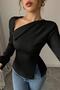Black Asymmetrical Neck Detail Back Tie Long Sleeve Crepe Fabric Blouse - 5