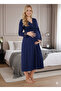 Women's Navy Blue Lace Buttoned Special Design Long Sleeve 100% Cotton Maternity Nightgown - 8
