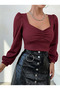 Women's Front Ruched Heart Neckline Flexible Knitted Fabric Bluse - 3