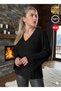 Women's Black Spanish Sleeve Deep V-Neck Sweater - 3