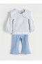 Ecru striped baby girl blouse and leggings with bow collar detail