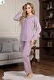 Women's Rose Dry Lace Button Detailed Special Design Long Sleeve Plus Size (Oversized) Pajama Set - 5