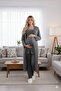 Smoke Long Robe Buttoned Special Design 100% Cotton Maternity Postpartum Robe Pajama Set - 3