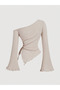 Beige One Shoulder Corded Fabric Knitwear Blouse, Side Gathered Spanish Sleeve Asymmetrical Cut Women's Blouse - 2