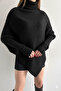 Women's Black Asymmetrical Cut High Neck Turtleneck Knit Sweater - 6