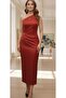 Noble red, one-shoulder, premium quality satin dress with a pleated waist and a long, elegant silhouette.