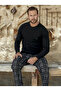Men's Jacquard Black Pajama Set with Plaid Bottoms and Plain Top - 3