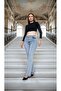 Stretch Fabric Light Snow Blue Front Slit Flared High Waist Pants