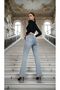 Stretch Fabric Light Snow Blue Front Slit Flared High Waist Pants - 3