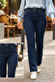 Stone Detail Bootcut Denim Trousers 35772 Dark Navy Blue