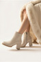 Women's Beige Zippered Simple Daily Use Short Heeled Boots Shoes