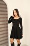 Black Interlock Waist Fitted Square Neck Flared Skirt Dress - 3