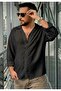 Flowy Linen Textured Oversized Sports Collar Shirt Black - 2