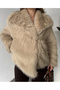 Women's Beige Faux Fur Coat Winter Plush Stylish Model - 6