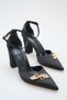 Women's Black Satin Pointed Toe Stone Detailed Ankle Strap Special Occasion Evening Dress Heeled Shoes - 9 cm - 5