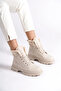Lace-Up Furry Beige Matte Women's Boots - 3