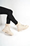 Lace-Up Furry Beige Matte Women's Boots - 5