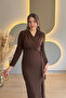 Shoulder Pad Piece Tied Brown Midi Dress with Slit Stones - 6