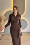 Shoulder Pad Piece Tied Brown Midi Dress with Slit Stones - 8