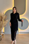 Shoulder Pad Piece Tied Black Midi Dress with Slit Stones - 3