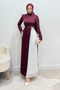 Henna Bow Detailed Crepe Satin Hijab Evening Dress - Burgundy - 5