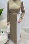 Henna Bow Detailed Crepe Satin Hijab Evening Dress - Khaki - 5