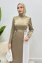 Henna Bow Detailed Crepe Satin Hijab Evening Dress - Khaki - 4