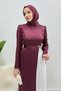 Henna Bow Detailed Crepe Satin Hijab Evening Dress - Burgundy - 4