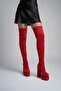 Red Suede Women's Double Platform High Heels Over-The-Knee Stretch