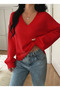 Women's Red V-Neck Oversized Knit Sweater, Knit Sweater Fmoda1970 - 2
