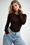 Women's Brown Finger-Looped Crew Neck Blouse - 5
