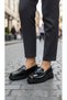 Women's Black Matte Patent Leather Stone Chain Detailed Thick Serrated Sole Loafer Shoes - 5