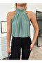 Women's Mint Stand Collar Sleeveless Pleated Sandy Fabric Blouse - 3