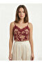 Women's Burgundy Printed Lace Detailed Adjustment Ring Strap Crepe Fabric Blouse - 3