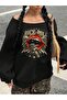Women's Rock & Roll Printed Boat Neck Oversized Sweatshirt - 4