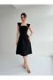 Women's Black Square Neck Pearl Detailed Midi Evening Dress - 4