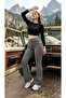 Women's Gray Yellow Stitching Detailed Stretch Fabric Stretchy Stretch Fabric High Waist Spanish Jeans Trousers - 3