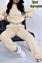 Women's Beige Hooded Sweat Tracksuit Bottom Set